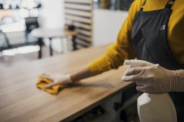 Nettoyage d’une table avec des gants