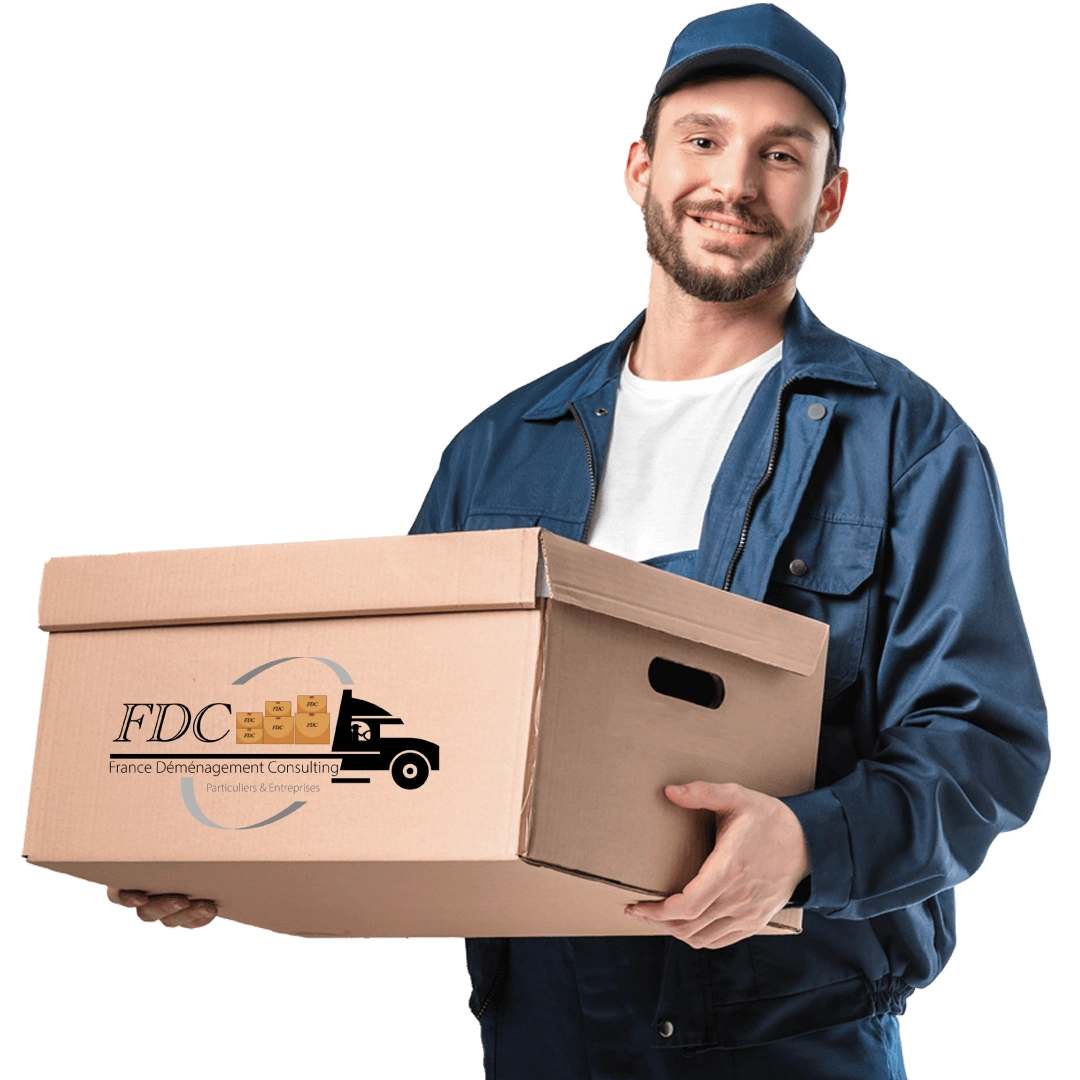 Déménageur France Dem Consulting portant un carton