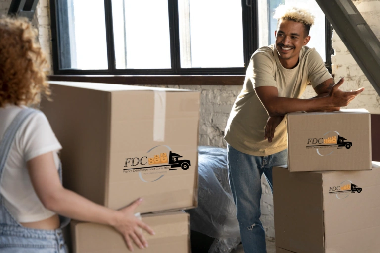 Clients portant un carton de déménagement