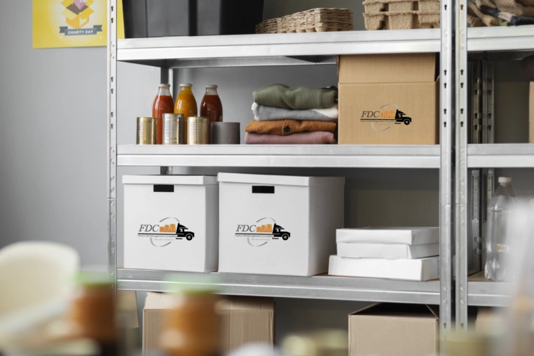 Cartons rangés sur des étagères de stockage